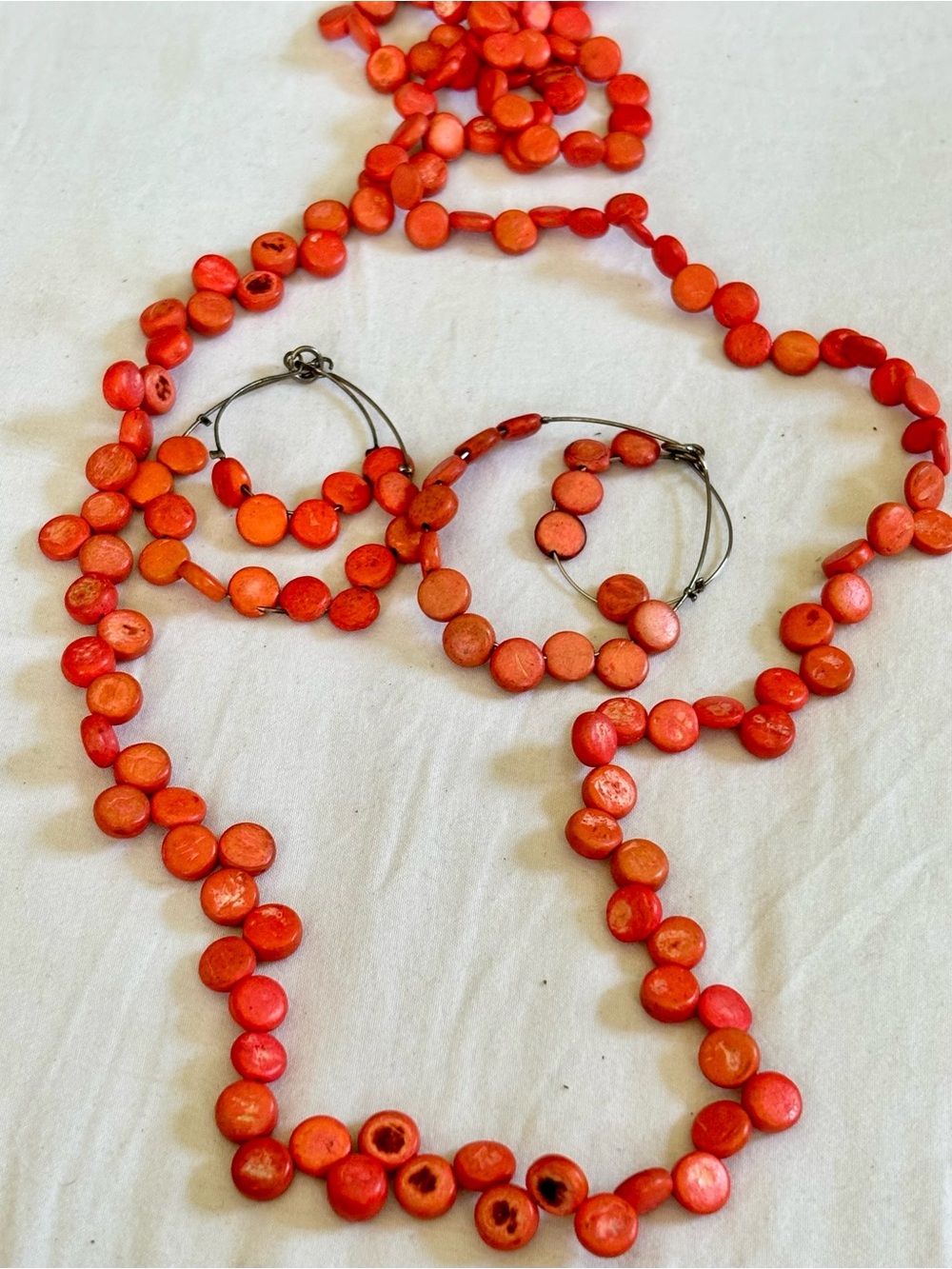 CoralHandmade Orange Beaded Necklace and Hoop Earrings Set Needs Minor Repair